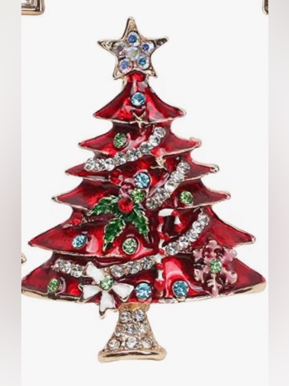Festive Red Christmas Tree Brooch with Multicolor Crystals